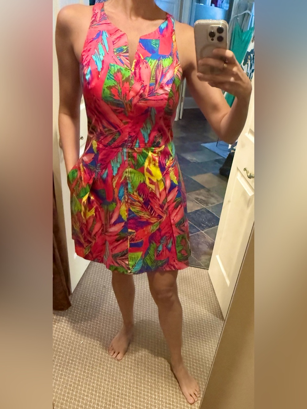 Milly Hot Pink Tropical Print Dress with Racerback and Exposed Zipper